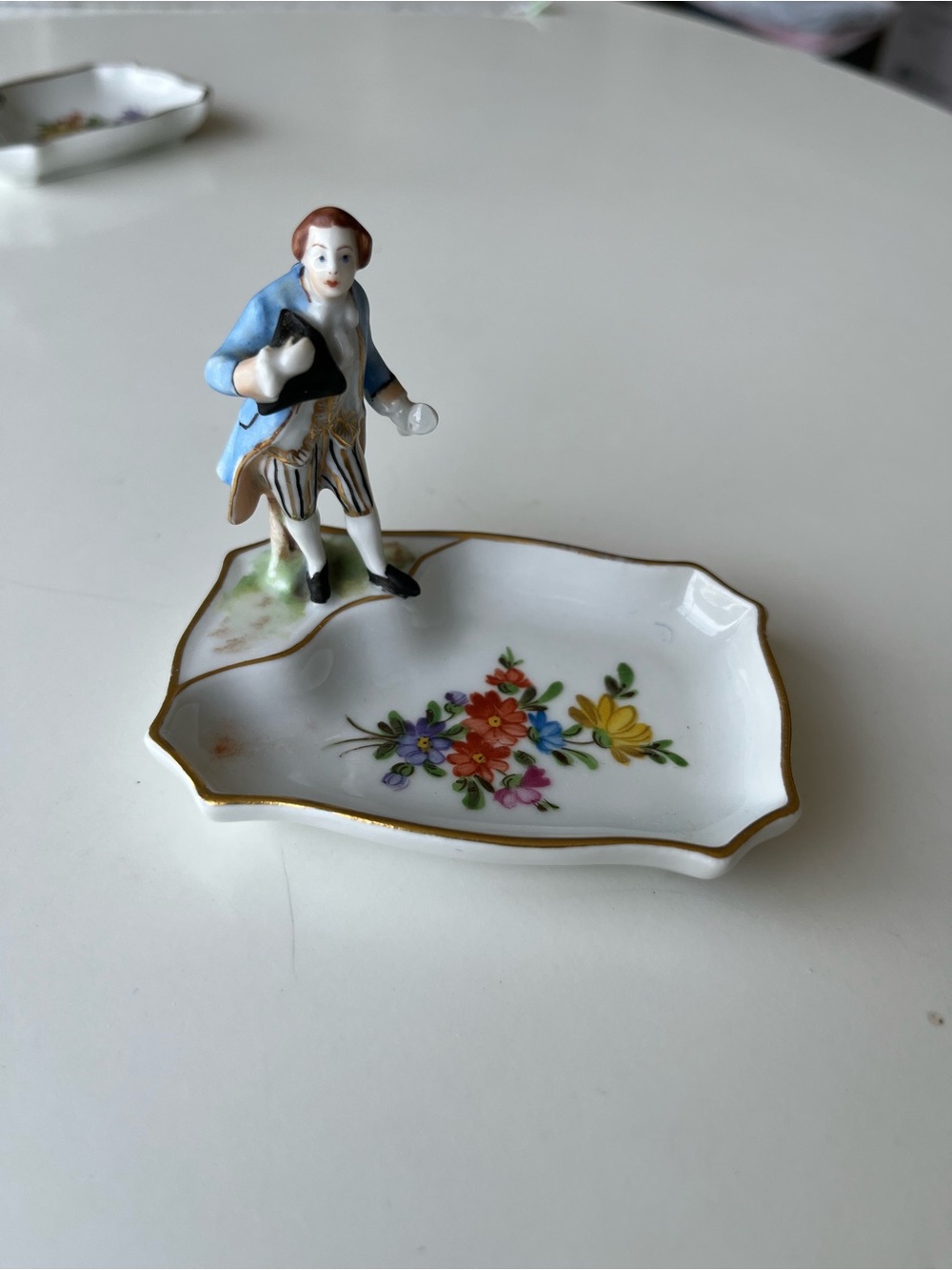 Dresden Pin Dish Porcelain Figurine Trinket Dish with Gentleman and Floral Motif